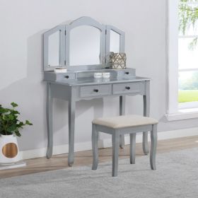 Wooden Dressing Table And Stool Set, Silver (Color: Silver)